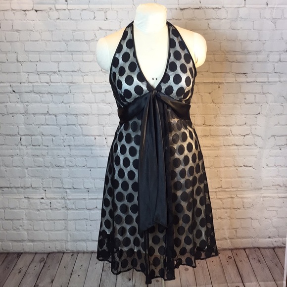 DeLaru Dresses & Skirts - DeLaru black dot mesh-over halter dress w sash